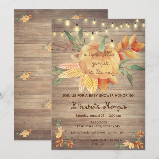 Invitation Petite citrouille, Lumières, Baby shower en bois (Devant / Derrière)