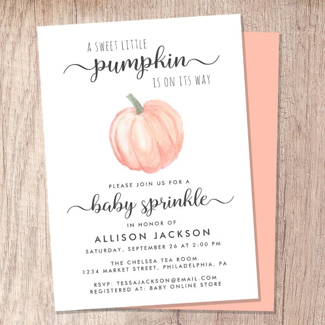 Invitation Petite Citrouille Orange Aquarelle Bébé Sprinkle (Celebrate the upcoming arrival of your sweet little autumn baby with a pumpkin-themed baby sprinkle)