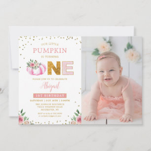 Invitation Petite Citrouille rose or florale 1er anniversaire