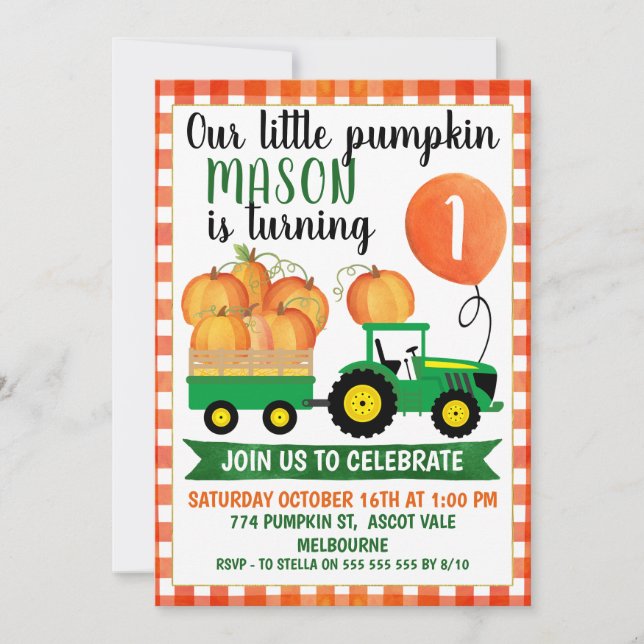 Invitation Petite Citrouille Tracteur 1er anniversaire Invita (Devant)
