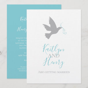 Invitation Petite colombe grise avec mariage à ruban bleu aqu