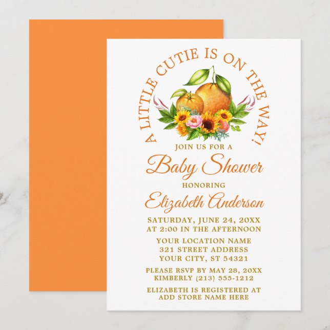 Invitation Petite Cutie Aquarelle Oranges florales Baby showe (Devant / Derrière)