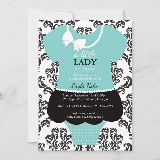 Invitation Petite Dame Baby shower Invitation, Bleu, Perles (Devant)