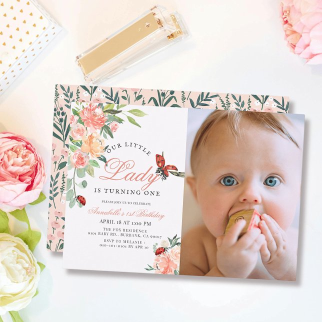 Invitation Petite dame Ladybug Rose Photo Girl 1er anniversai (Créateur téléchargé)