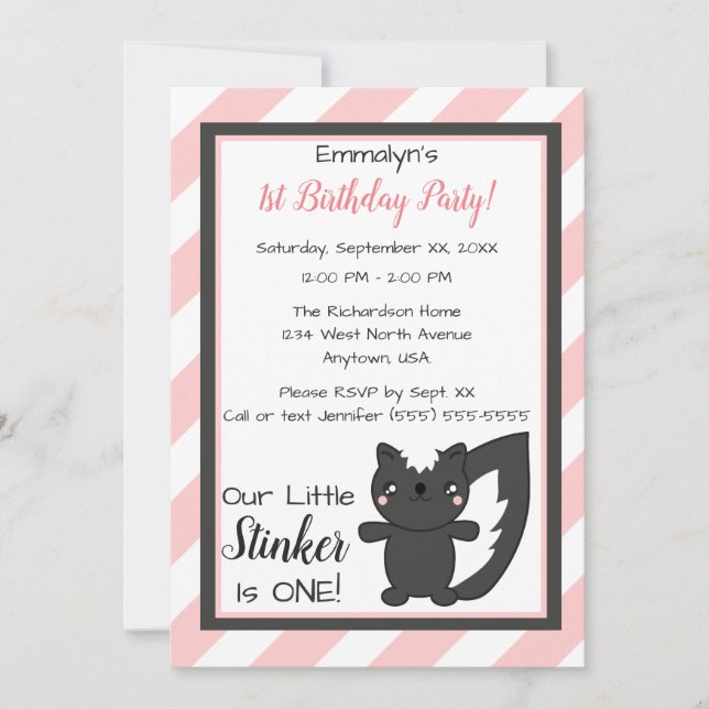 Invitation Petite étincelante rose rayures Skunk premier anni (Devant)