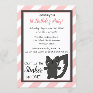 Invitation Petite étincelante rose rayures Skunk premier anni