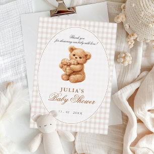 Invitation Petite Fête Baby Shower Ours en Velours Gingham Ma