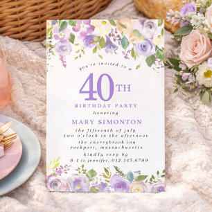Invitation PETITE Fête d'anniversaire 40 ans Fleurs de rose v