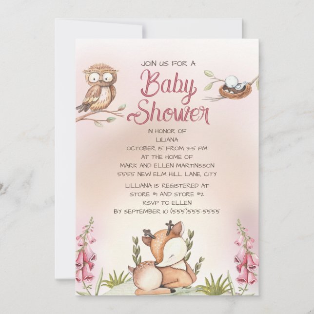 Invitation Petite fille Animaux de bois Baby shower de Chouet (Devant)