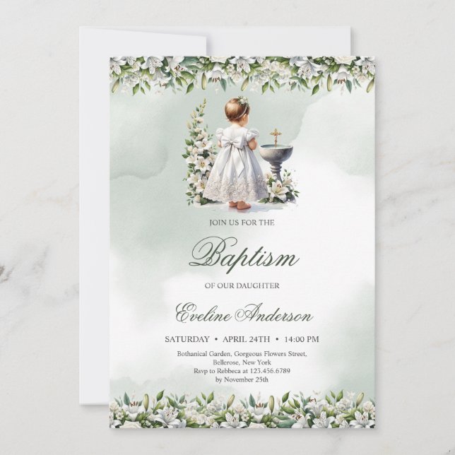 Invitation Petite fille avec robe blanche croix d'or Baptême (Devant)