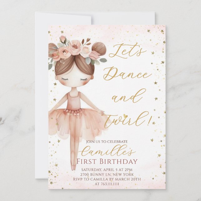 Invitation Petite fille Ballerina anniversaire fête Invitatio (Devant)