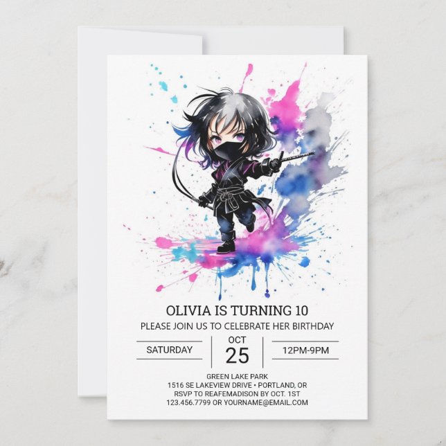 Invitation Petite fille bohème Ninja Anniversaire (Devant)