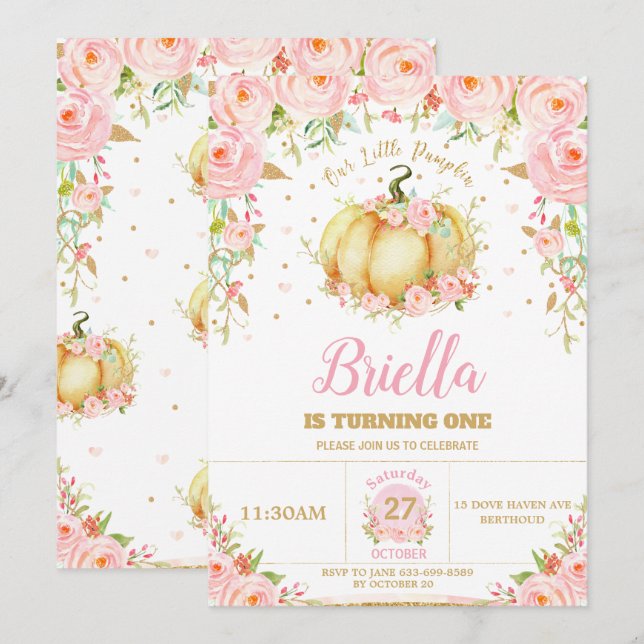 Invitation Petite fille Citrouille 1er anniversaire rose flor (Devant / Derrière)