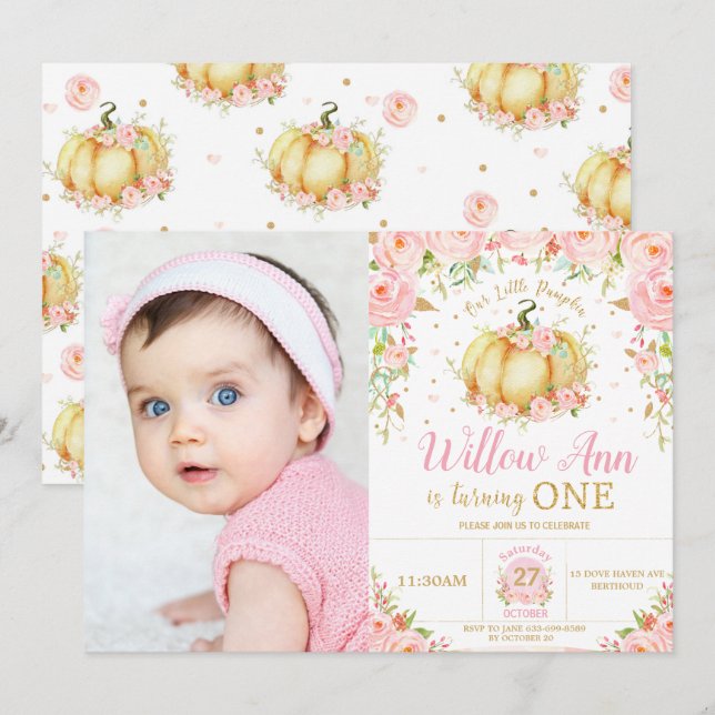 Invitation Petite fille Citrouille rose florale 1er anniversa (Devant / Derrière)