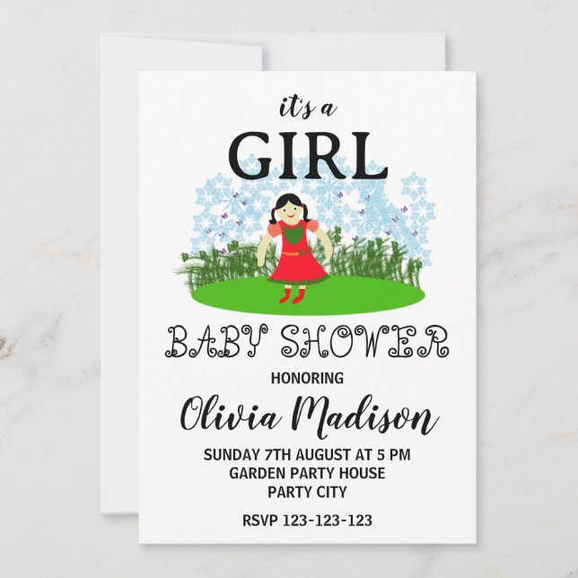 Invitation Petite fille dans un jardin fleuri Baby shower béb (Devant)