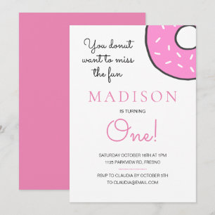 Invitation Petite Fille De Donut Rose Qui Fête Son Premier An