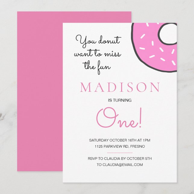 Invitation Petite Fille De Donut Rose Qui Fête Son Premier An (Devant / Derrière)