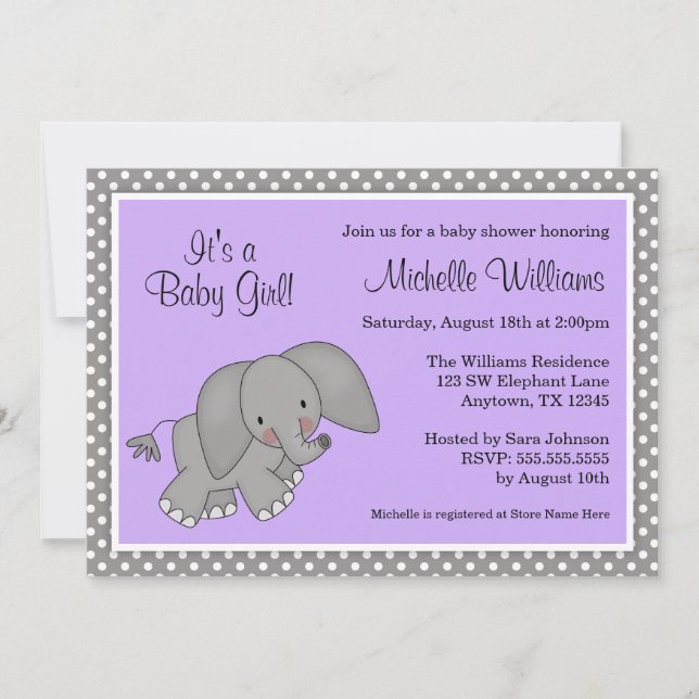 Invitation Petite fille éléphante mauve avec douche pour bébé (Devant)