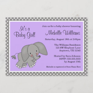 Invitation Petite fille éléphante mauve avec douche pour bébé