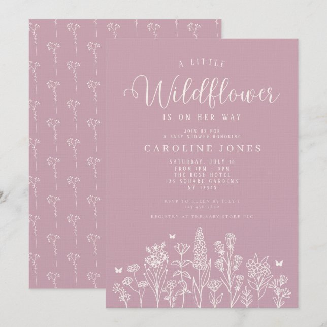 Invitation Petite fille Fleur sauvage Baby shower rose (Devant / Derrière)