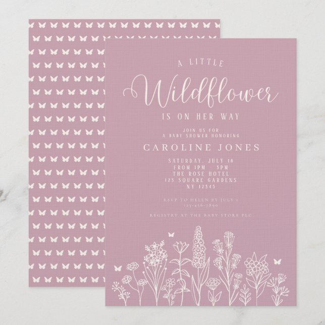 Invitation Petite fille Fleur sauvage Baby shower rose (Devant / Derrière)