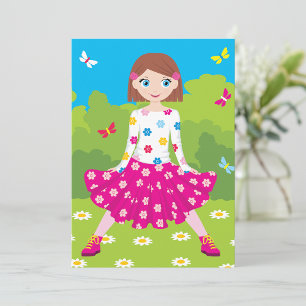 Invitation Petite Fille Heureuse avec des Fleurs et des Papil