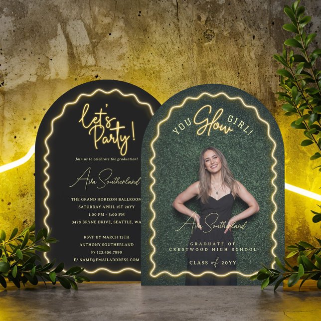 Invitation Petite fille lombeuse Wavy Yellow Neon Graduation  (You Glow Girl Wavy Yellow Neon Graduation Photo Invitation)