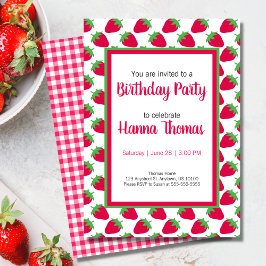 Invitation Petite fille Motif fraise rose vert Anniversaire