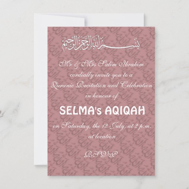 Invitation Petite fille musulmane Pink Aqiqah (Devant)