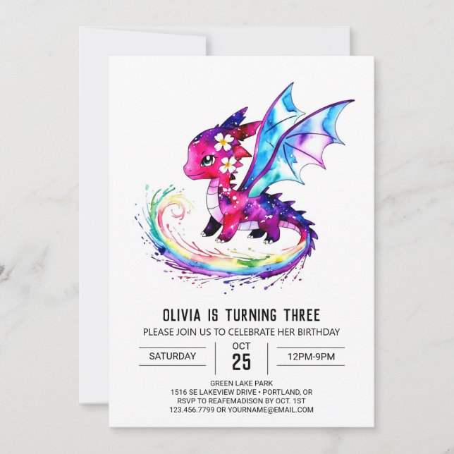 Invitation Petite fille numérique Dragon personnalisée Annive (Devant)