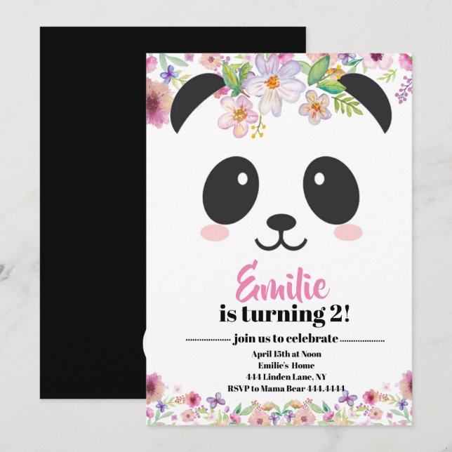 Invitation Petite fille Panda Ours Anniversaire (Devant / Derrière)
