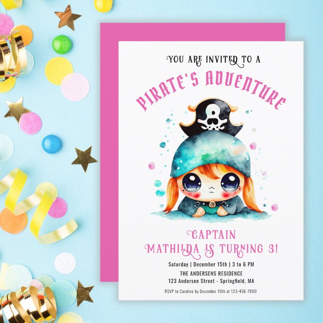 Invitation Petite fille pirate mignonne fête d'anniversaire r (Cute Little Pirate Girl Pink Birthday Party Invitation)