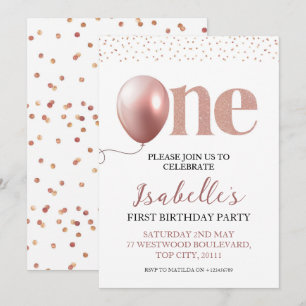 Invitation Petite fille Premier anniversaire Rose Gold Pink P