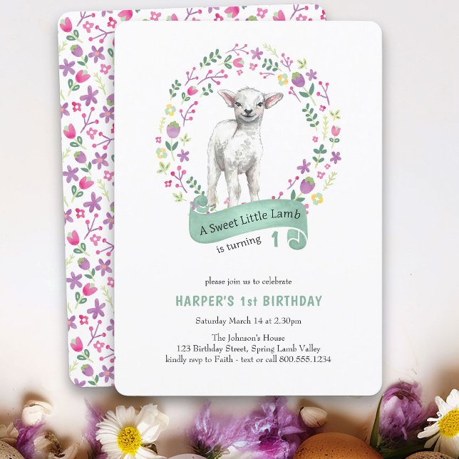 Invitation Petite Fille Printemps d'agneau 1er anniversaire (A Sweet Little Lamb birthday invitation - perfect for spring or easter)