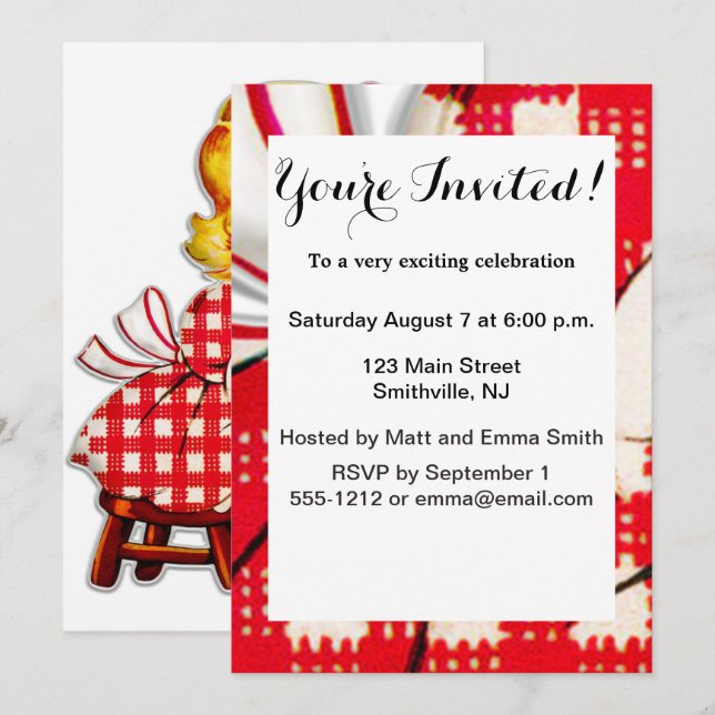 Invitation Petite fille retro vintage poupée (Devant / Derrière)