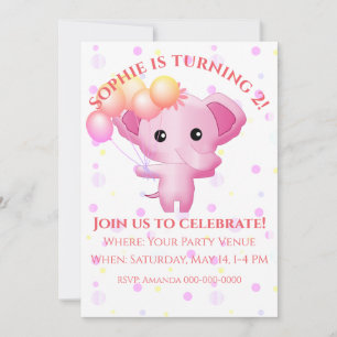 Invitation Petite fille rose adorable Eléphant Anniversaire