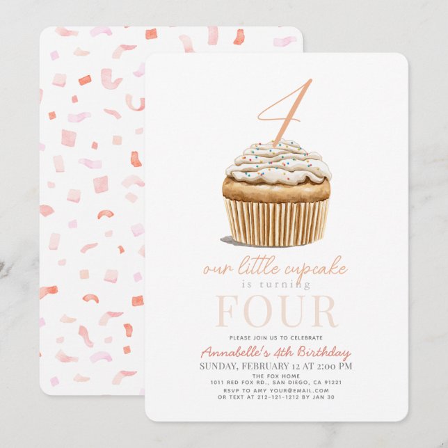 Invitation Petite Fille Rose Cupcake Anniversaire (Devant / Derrière)
