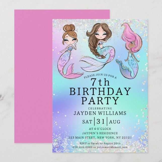 Invitation Petite fille sirène Anniversaire (Devant / Derrière)