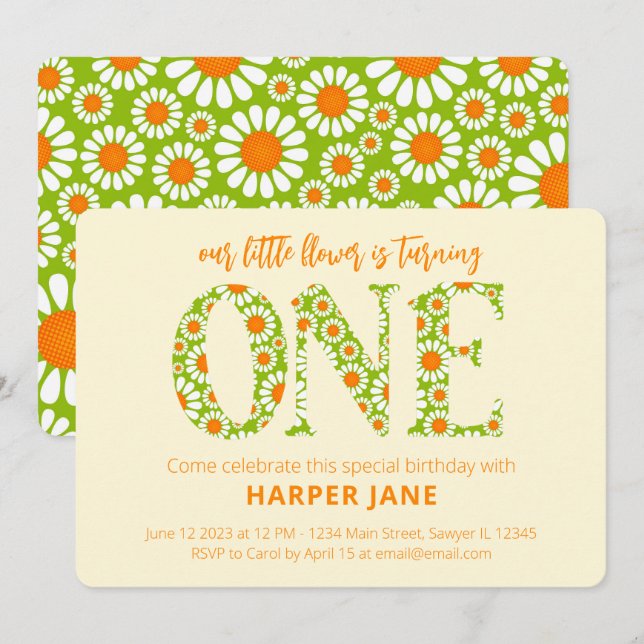 Invitation Petite Fleur Mignonne Daisy Premier Anniversaire (Devant / Derrière)
