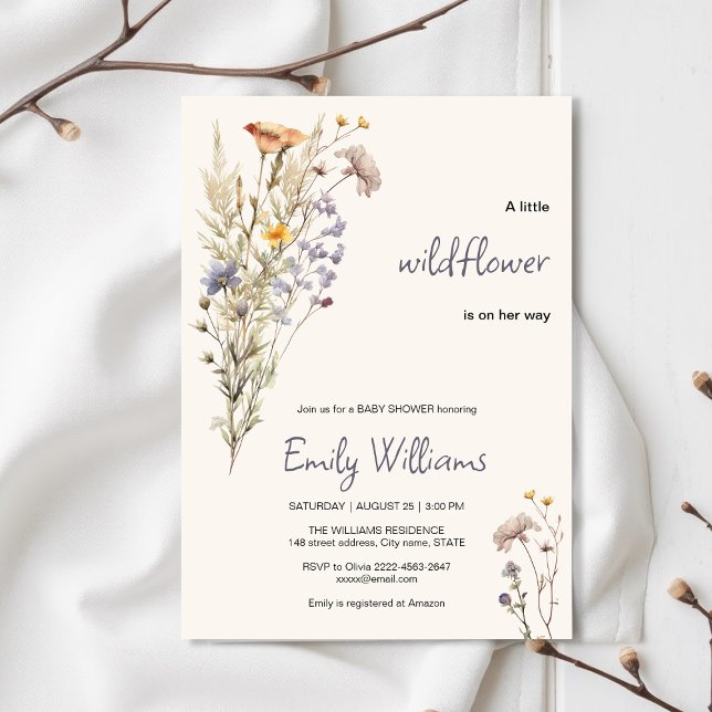 Invitation Petite fleur sauvage baby shower (A Little Wildflower Girl Baby Shower Invitation – Boho Floral Pink & Beige Design)