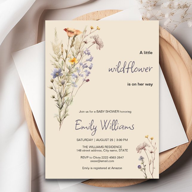 Invitation Petite fleur sauvage baby shower (A little wildflower elegant rustic boho watercolor baby shower invitation, baby in bloom)