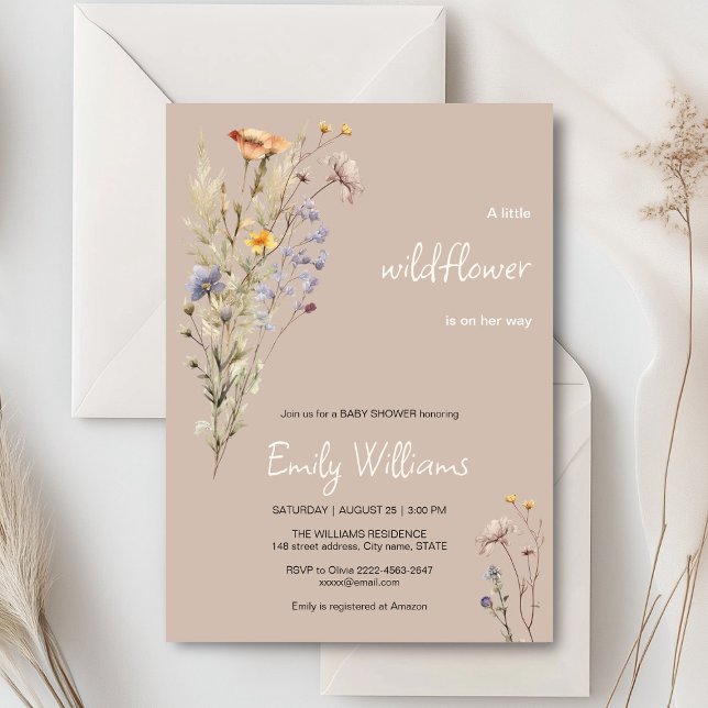 Invitation Petite fleur sauvage baby shower (A little wildflower elegant rustic boho watercolor baby shower invitation, baby in bloom)
