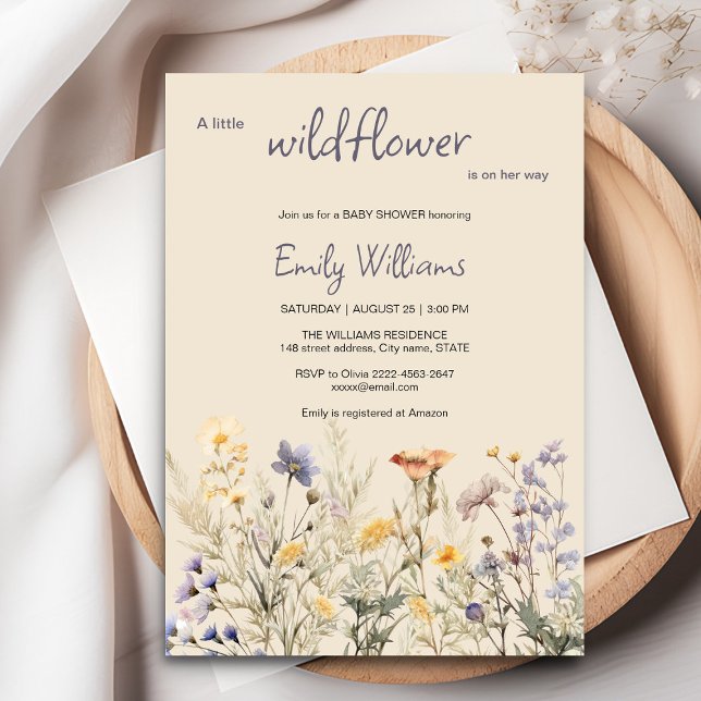 Invitation Petite fleur sauvage baby shower (A little wildflower elegant rustic boho watercolor baby shower invitation, baby in bloom)