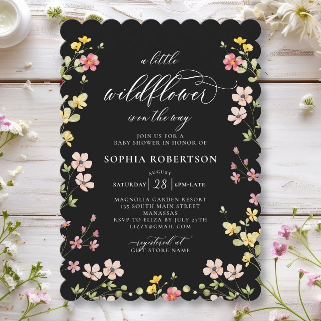 Invitation Petite Fleur Sauvage Baby Shower Bohème Noir (Créateur téléchargé)