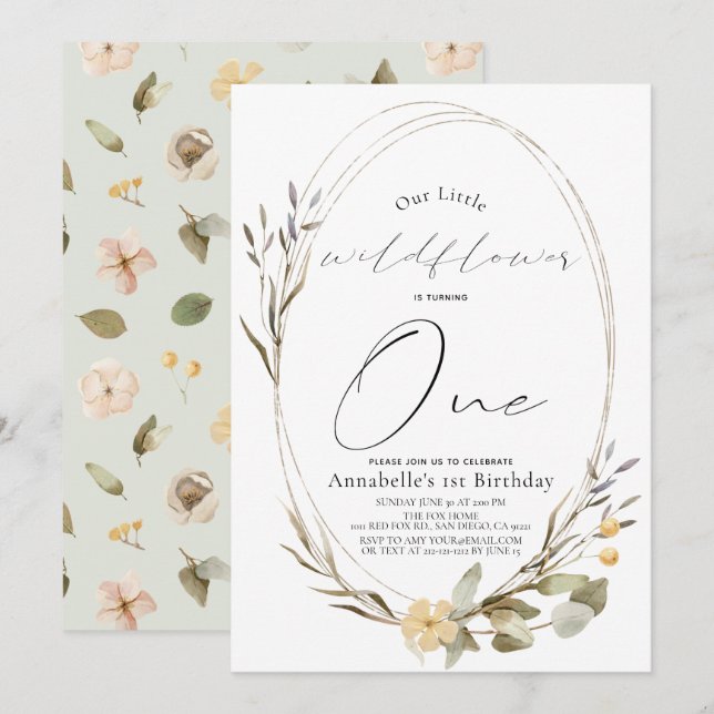 Invitation Petite Fleur sauvage Oval Girl 1er anniversaire (Devant / Derrière)