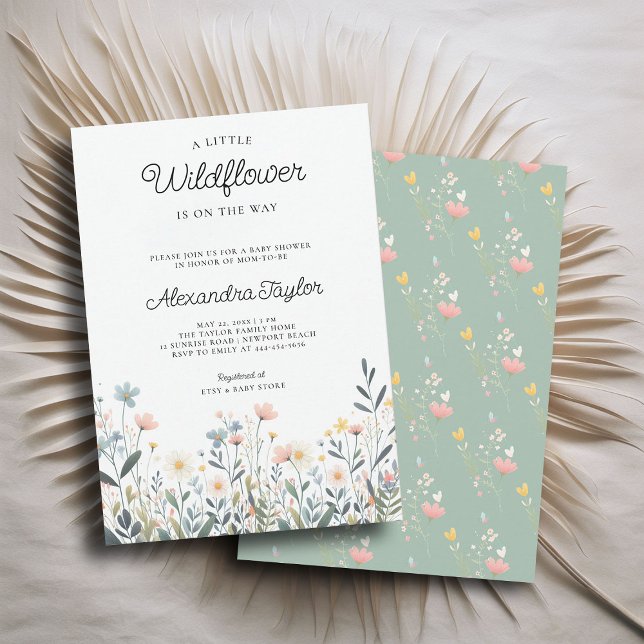 Invitation Petite Fleur sauvage Petite Pastels Bébé Fille Dou (little wildflower baby girl shower invitation cottage garden watercolor pink teal pastel cute sweet)