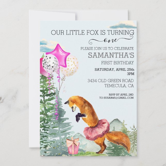 Invitation Petite Fox Aquarelle Bois rose Anniversaire (Devant)