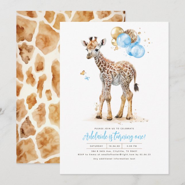 Invitation Petite Giraffe Bleu et Boho Brown Anniversaire (Devant / Derrière)