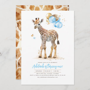 Invitation Petite Giraffe Bleu et Boho Brown Anniversaire