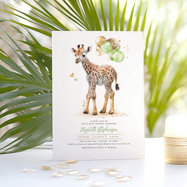Invitation Petite Giraffe Genre Neutre Baby shower Boho (Giraffe and Green Balloons Baby Shower Invitations)